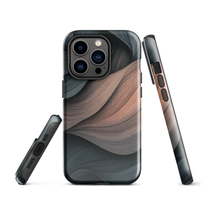 Phone case with flowing abstract design in black, copper and charcoal tones, inspired by dusk shadows