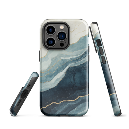 An elegant abstract phone case inspired by layered coastal forms in blue and teal tones.