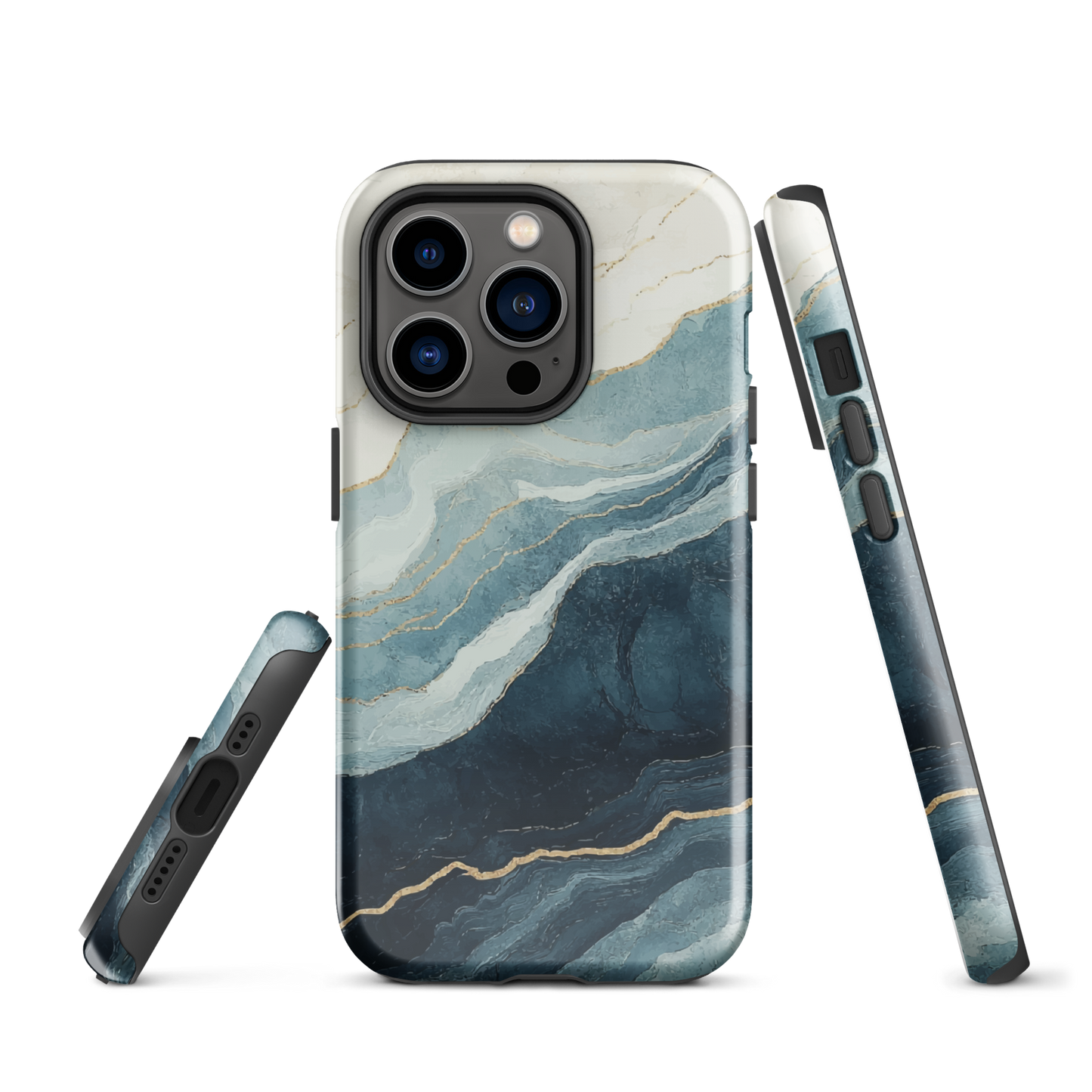 An elegant abstract phone case inspired by layered coastal forms in blue and teal tones.