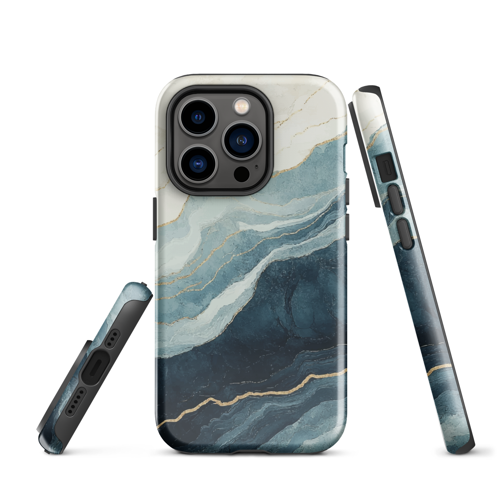 An elegant abstract phone case inspired by layered coastal forms in blue and teal tones.