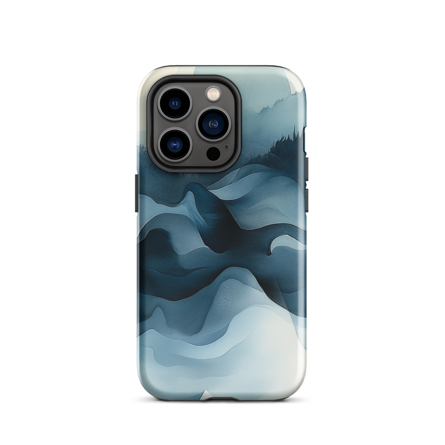 A calming abstract landscape protective phone case inspired by quiet valleys and soft blue tones.
