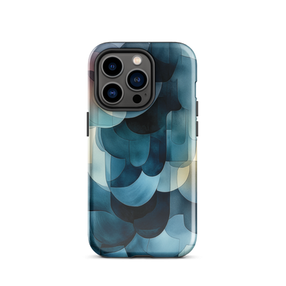 A modern abstract phone case featuring layered blue forms and soft flowing shapes.