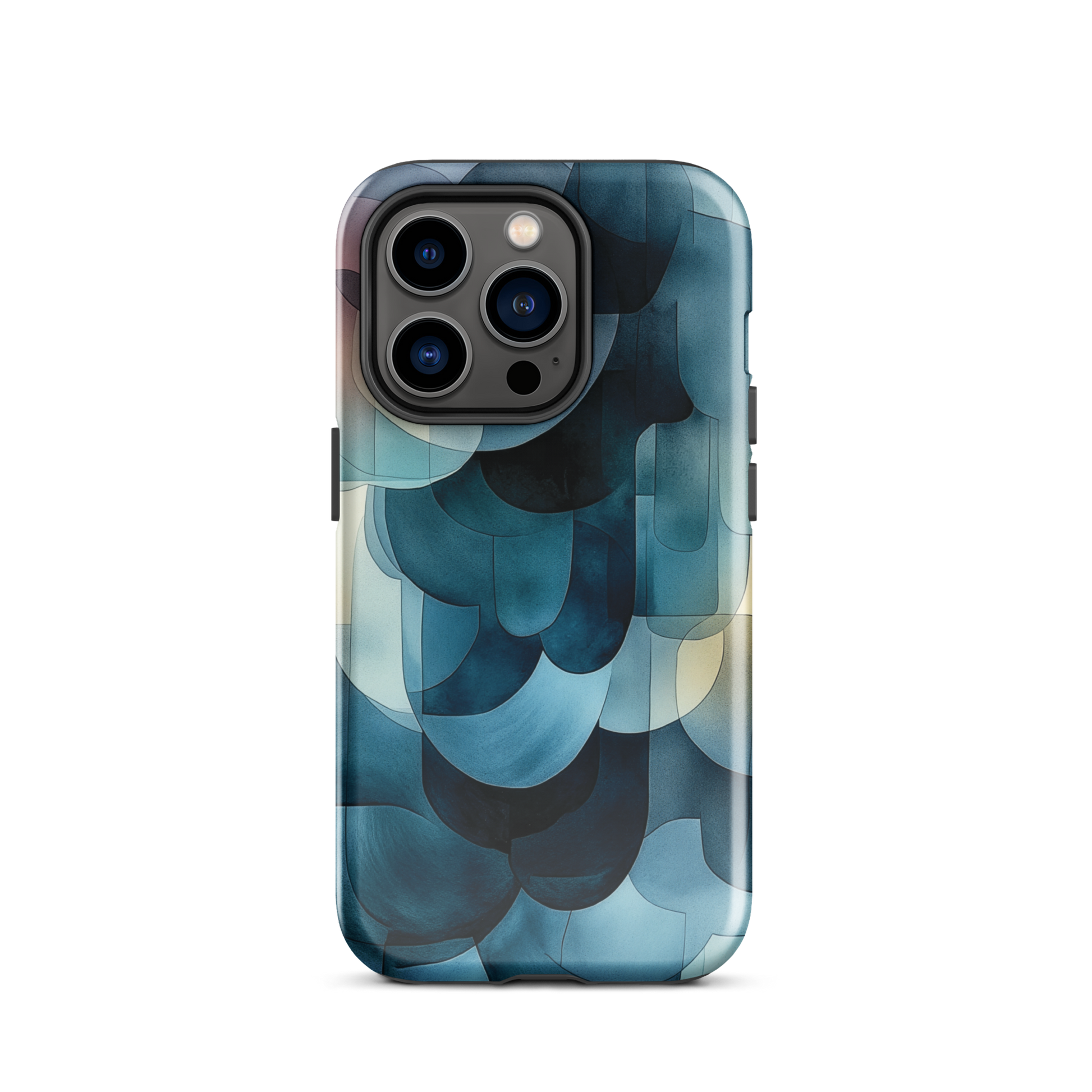 A modern abstract phone case featuring layered blue forms and soft flowing shapes.