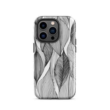 A minimalist phone case featuring fine black botanical linework in a repeating leaf pattern.