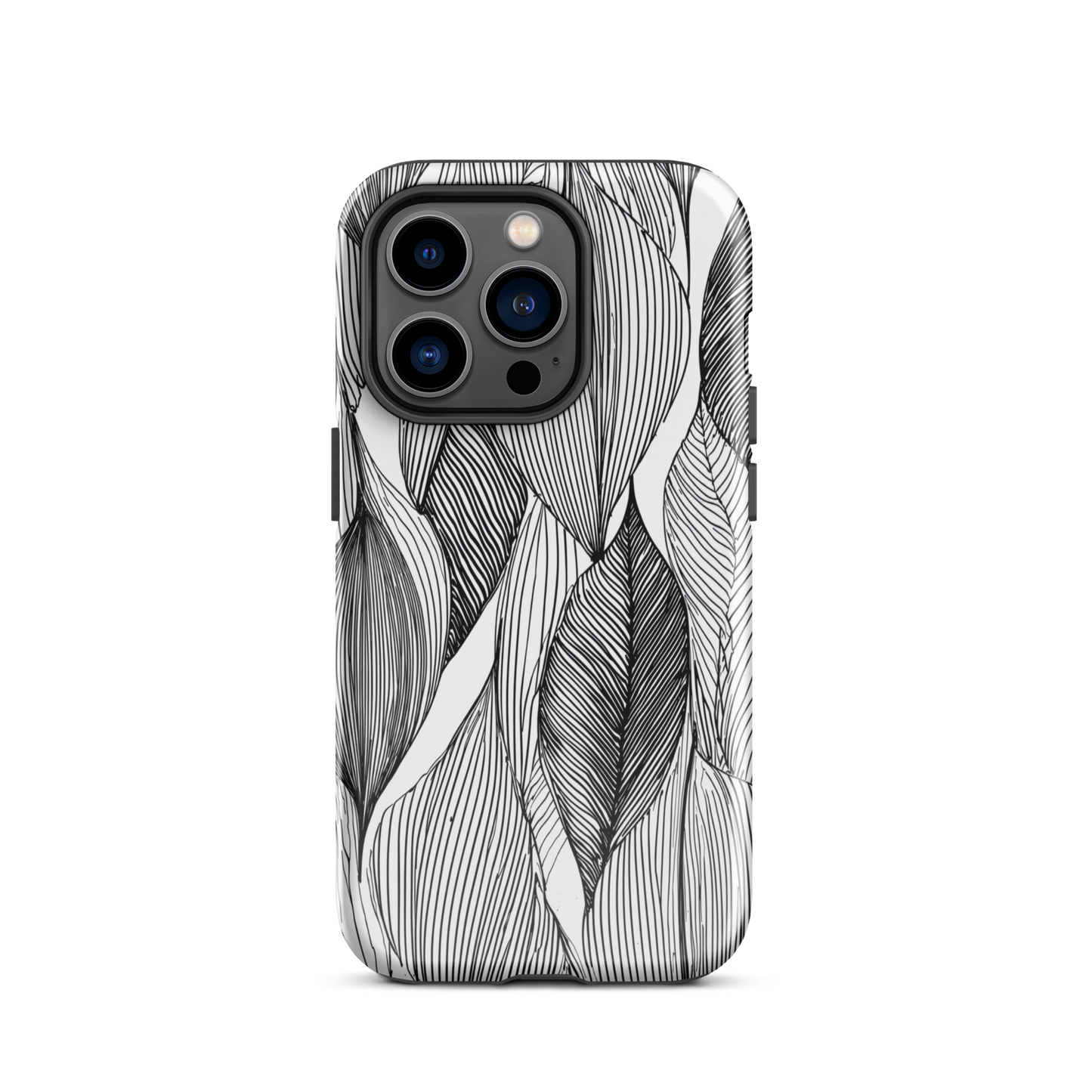 A minimalist phone case featuring fine black botanical linework in a repeating leaf pattern.