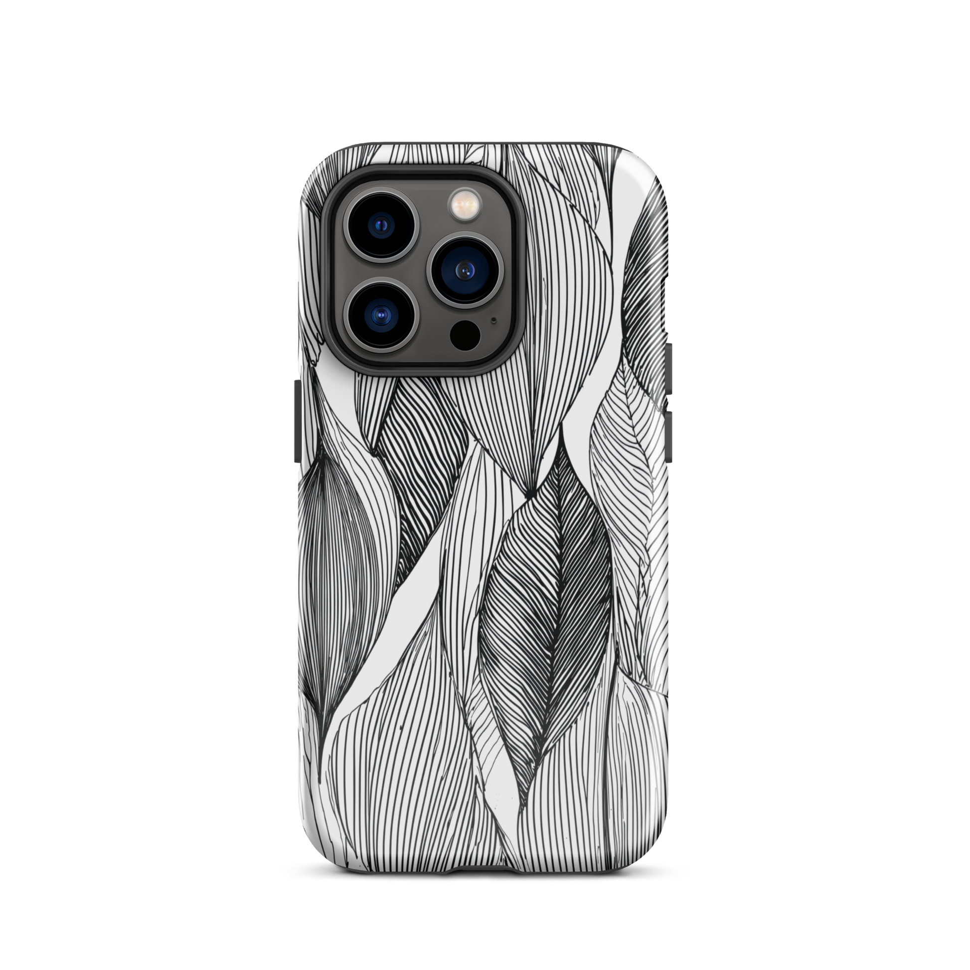A minimalist phone case featuring fine black botanical linework in a repeating leaf pattern.