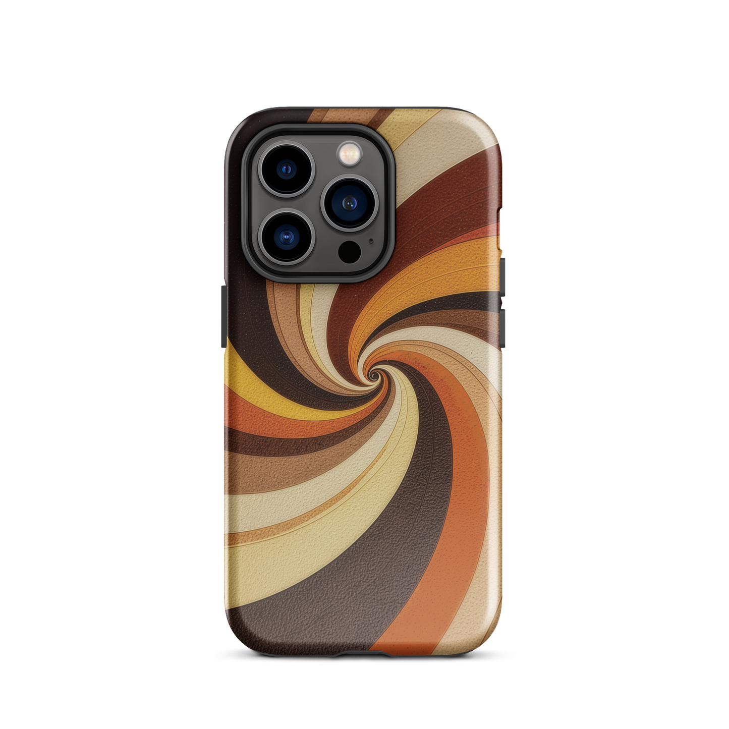 A retro-inspired phone case featuring warm swirling patterns in orange, yellow, and brown tones.
