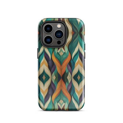 A bold geometric phone case featuring layered shapes in rich, earthy tones.