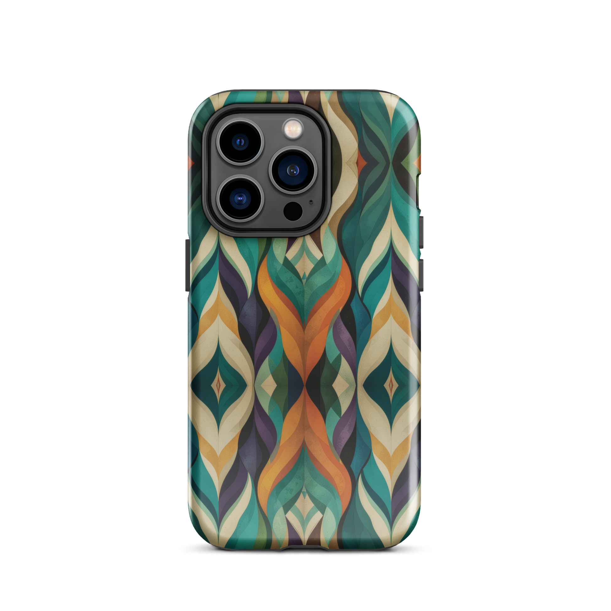 A bold geometric phone case featuring layered shapes in rich, earthy tones.