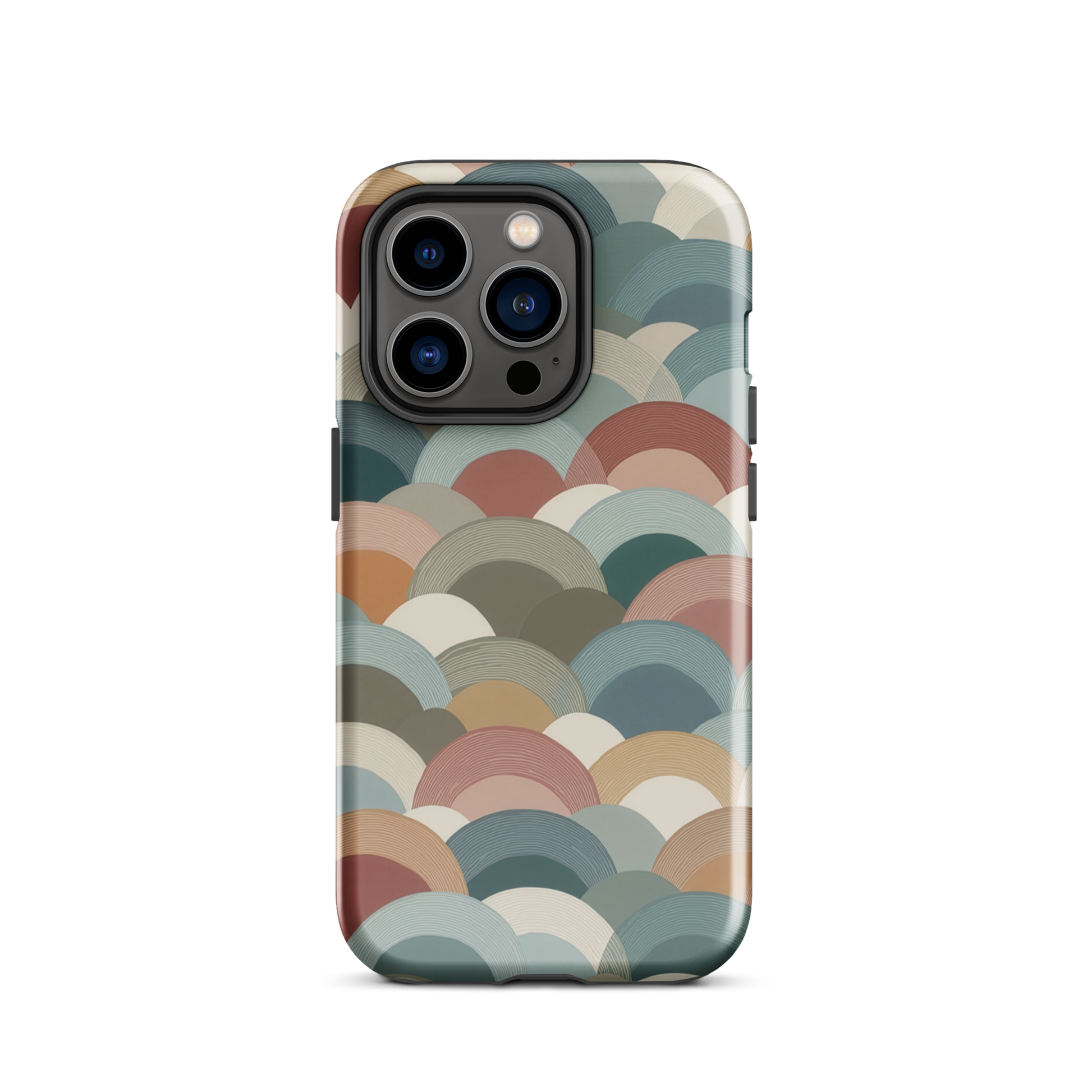 A soft retro-inspired phone case featuring layered arc shapes in warm, earthy tones.