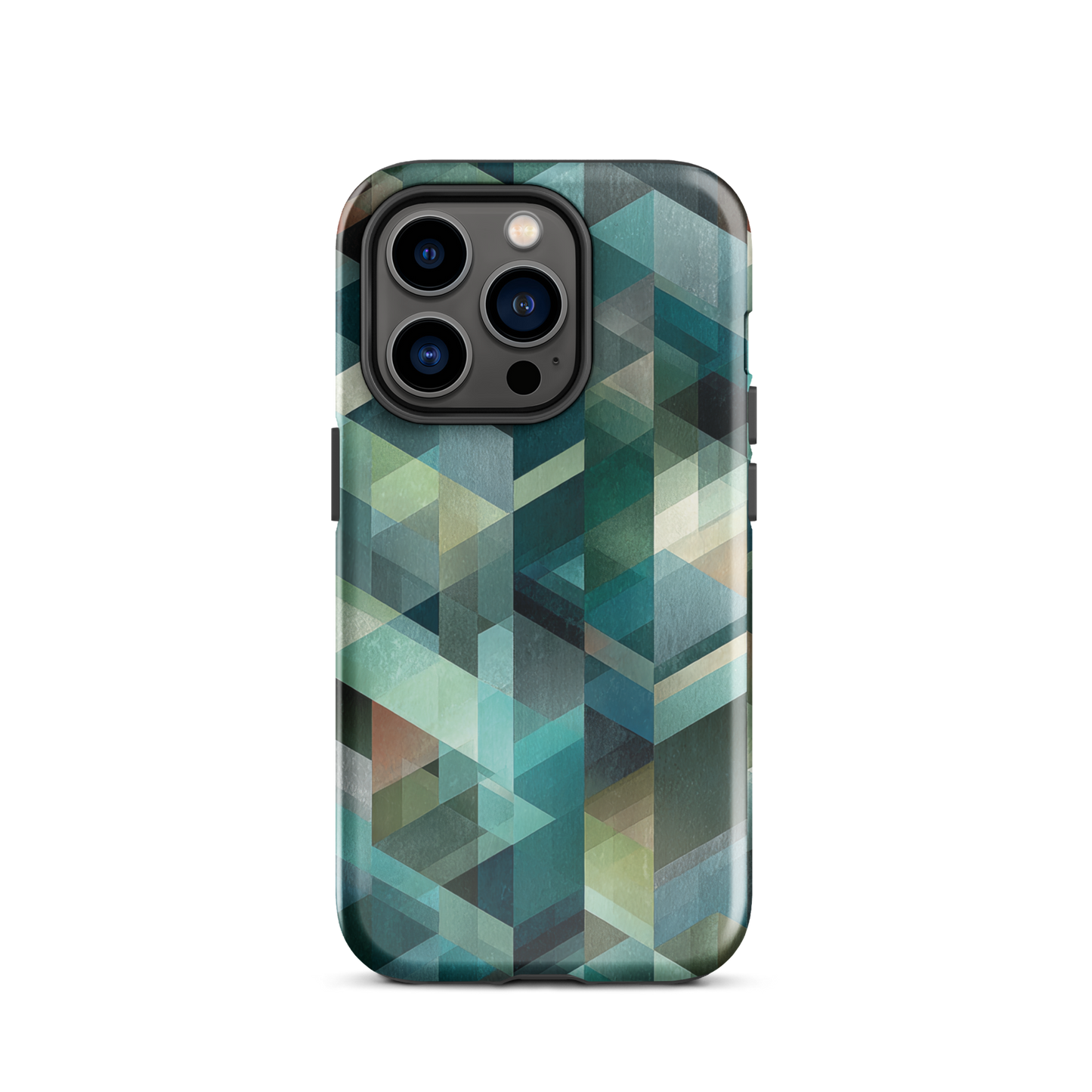 Modern abstract geometric phone case in teal and blue tones with layered retro-inspired shapes.
