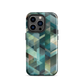 Modern abstract geometric phone case in teal and blue tones with layered retro-inspired shapes.