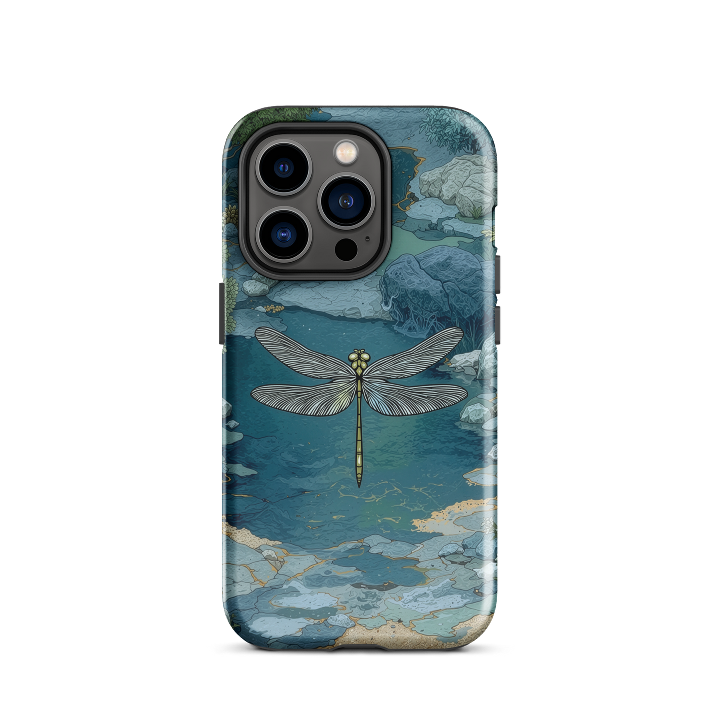 Nature-inspired phone case featuring a dragonfly over calm water with blue and green forest tones.