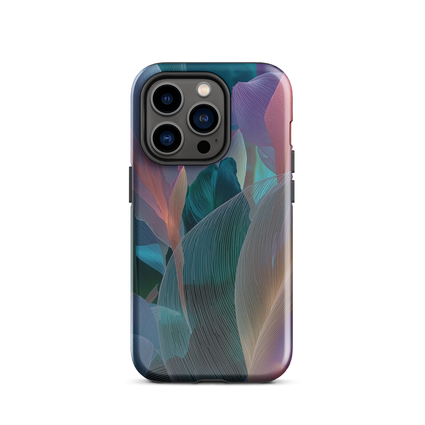 Abstract pastel botanical designer phone case in pink, lilac and teal tones with soft flowing floral textures