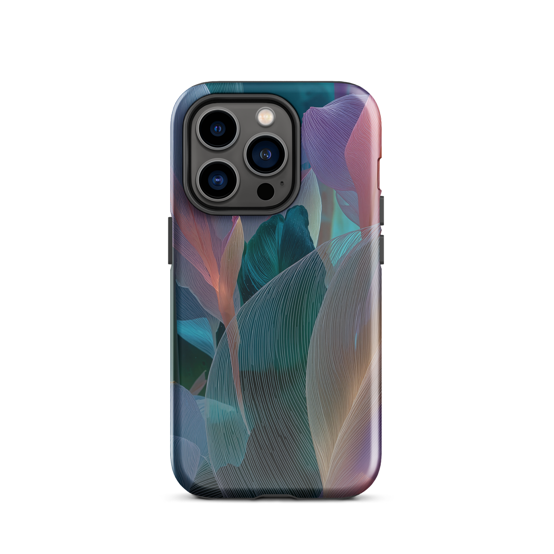 Abstract pastel botanical designer phone case in pink, lilac and teal tones with soft flowing floral textures