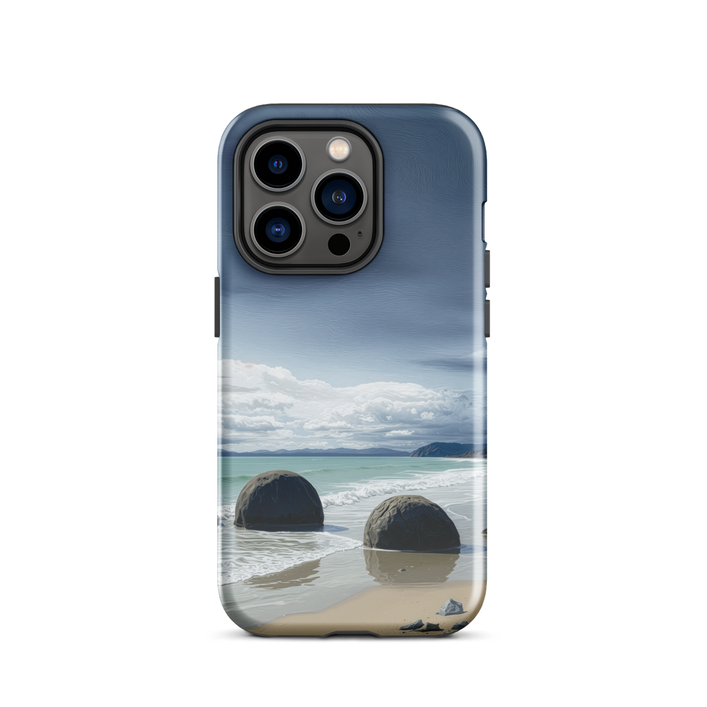 Moeraki Boulders coastal designer phone case with ocean waves and dramatic NZ sky