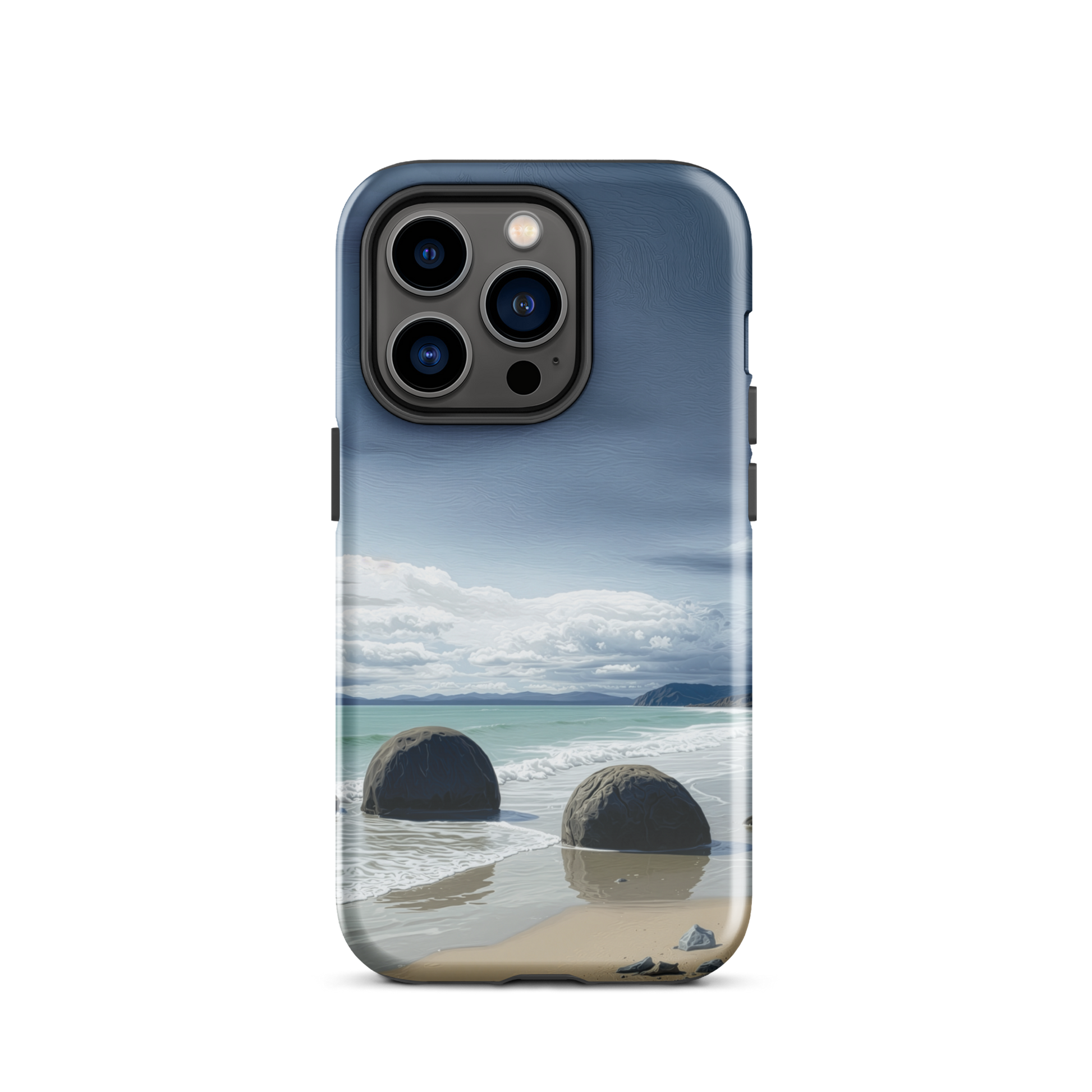 Moeraki Boulders coastal designer phone case with ocean waves and dramatic NZ sky