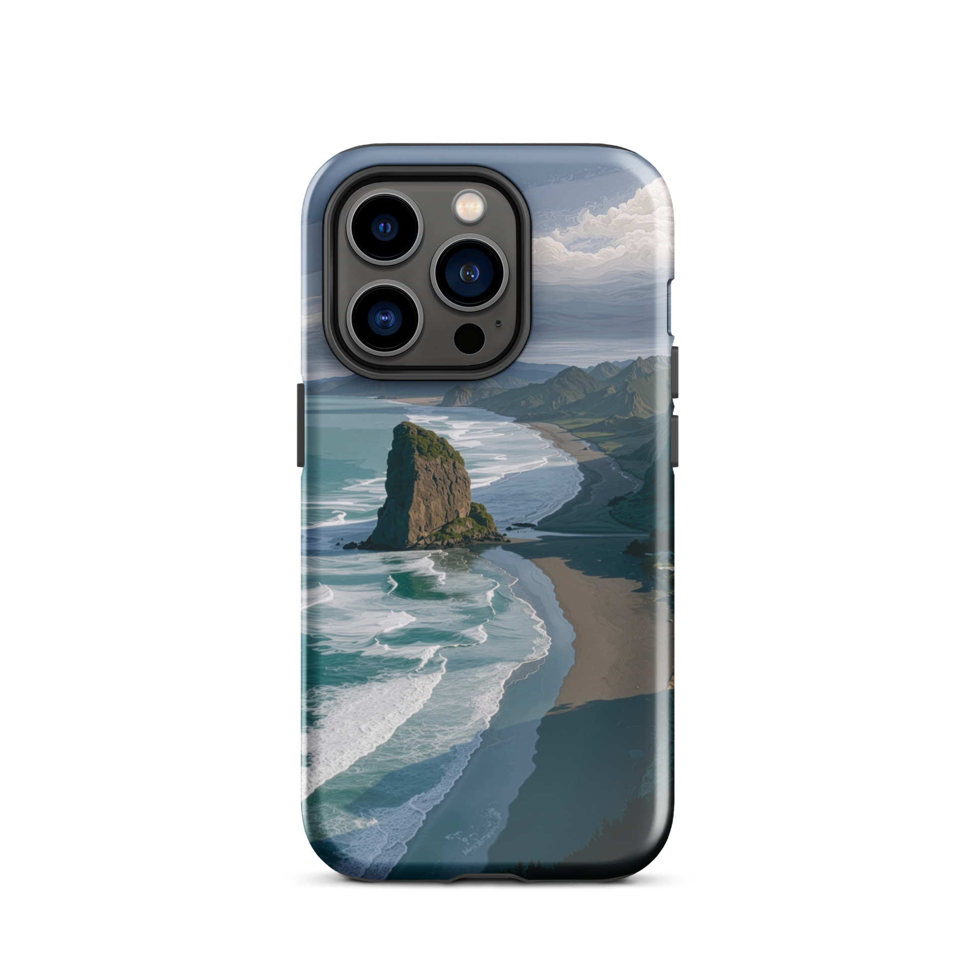 Piha Beach Lion Rock designer phone case with turquoise waves and dramatic NZ coastline