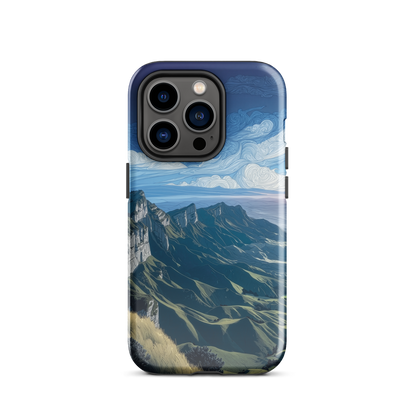 Te Mata Peak designer phone case with Hawke’s Bay cliffs, rolling green hills and dramatic swirling sky