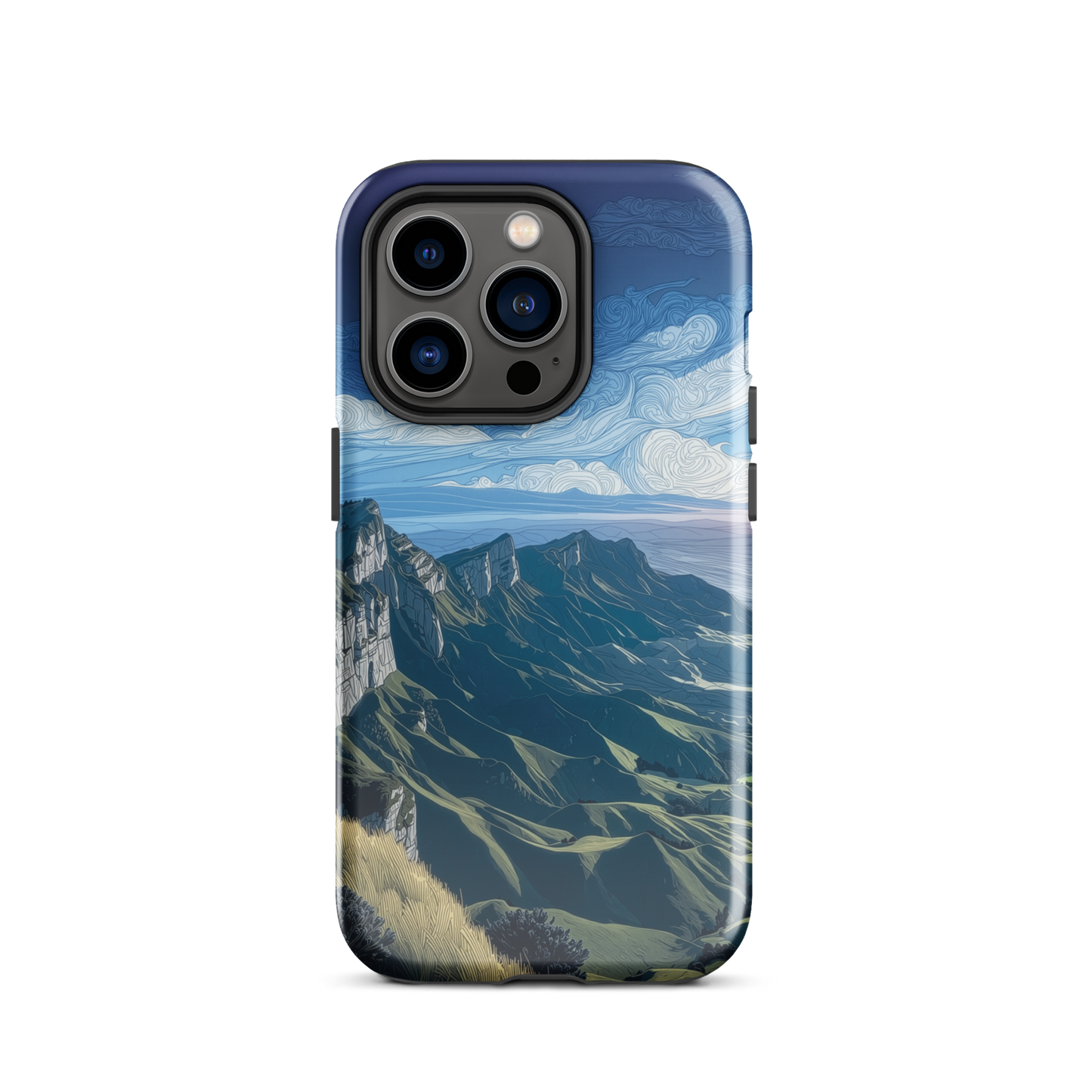 Te Mata Peak designer phone case with Hawke’s Bay cliffs, rolling green hills and dramatic swirling sky