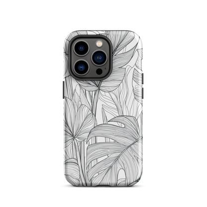 Minimal black and white tropical leaf designer phone case with detailed botanical line art