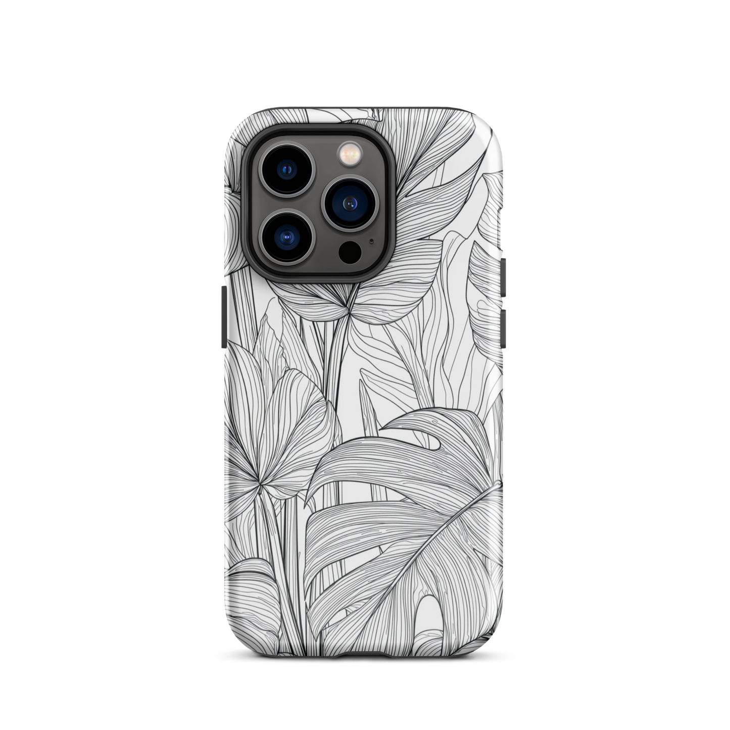 Minimal black and white tropical leaf designer phone case with detailed botanical line art