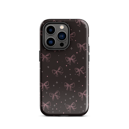Midnight Bow seamless repeat pattern — pink hand-drawn ribbon bows and sparkle stars on a black background