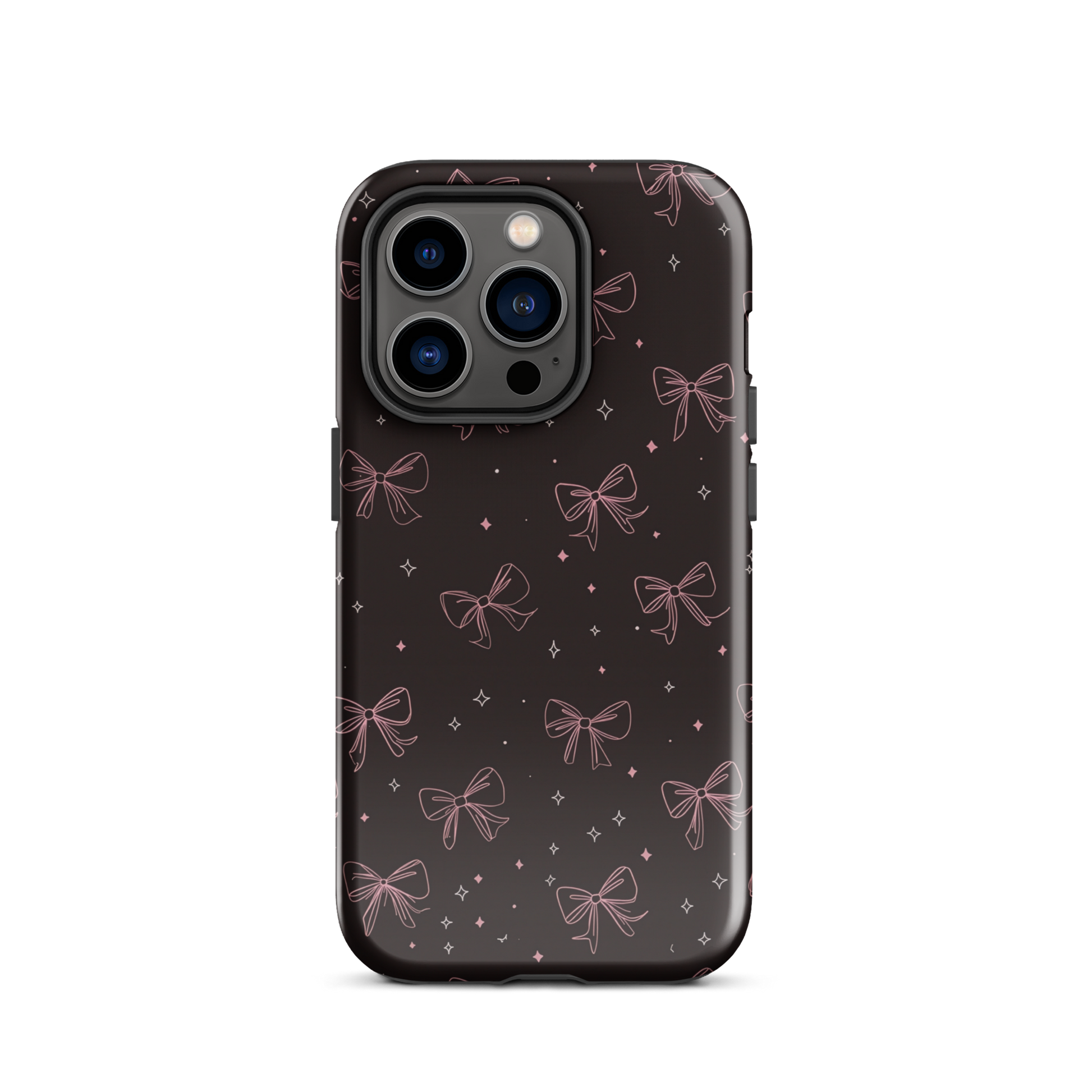 Midnight Bow seamless repeat pattern — pink hand-drawn ribbon bows and sparkle stars on a black background