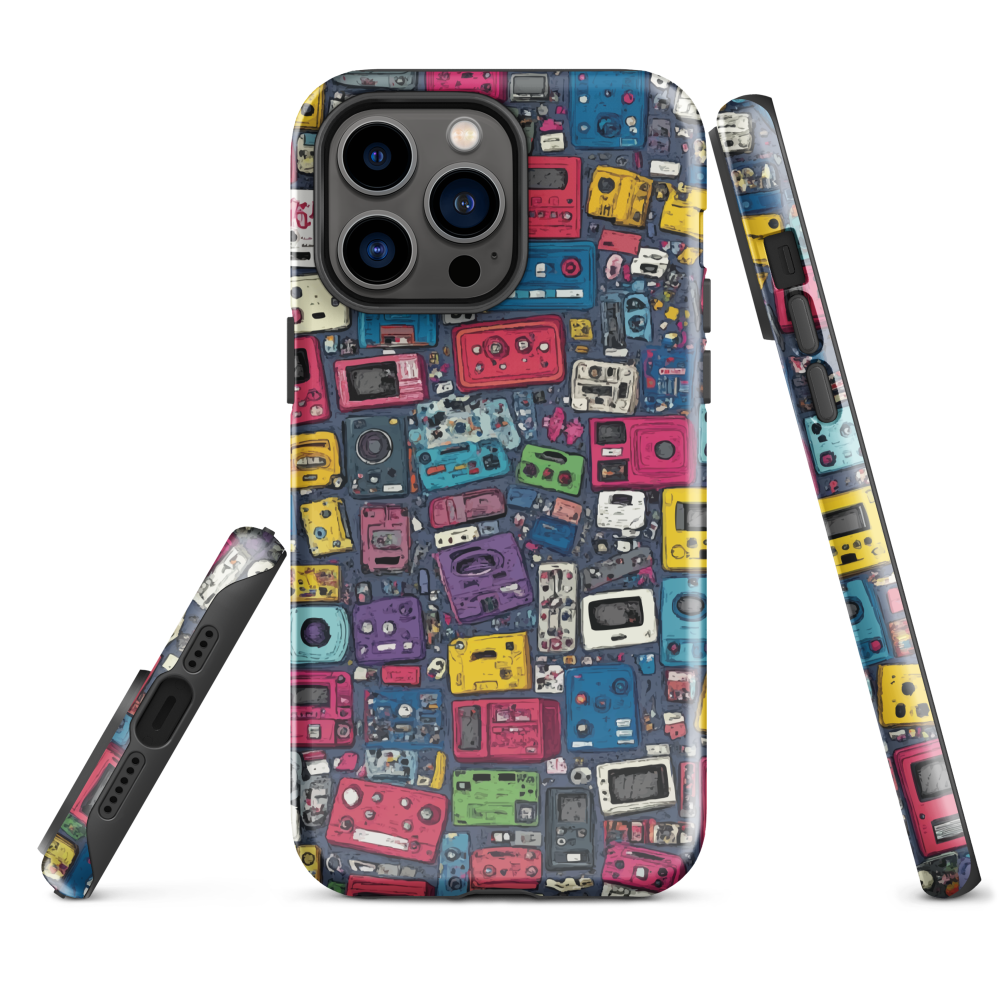 'Arcade' iPhone case, featuring a vibrant collage of hand-drawn controllers in bold, vintage-inspired colours. From electric blue and hot pink to classic black and yellow