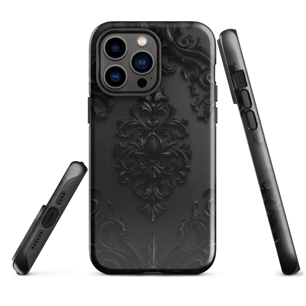 Black embossed damask phone case with gothic baroque pattern.