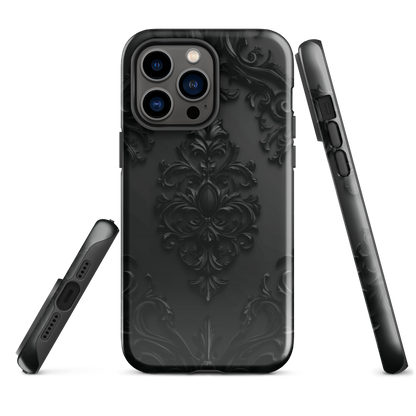 Black embossed damask phone case with gothic baroque pattern.