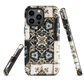 Moroccan tile pattern phone case in black, white, and gold tones with vintage-inspired design.