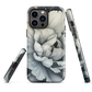 Black and white floral phone case featuring a soft, moody peony design by New Zealand artist Ben Hart.