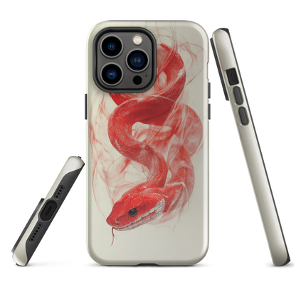 Phone case with red snake design on a cream background, coiled in smoky detail. Bold artwork by NZ designer Ben Hart.