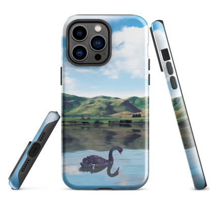 Phone case with a black swan on a calm lake, New Zealand hills in the background. Art by NZ designer Ben Hart.