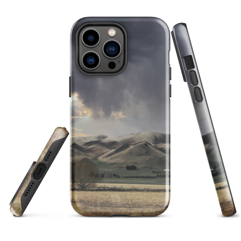 Designer phone case with NZ landscape painting of Te Hauke and cloudy skies by Ben Hart.