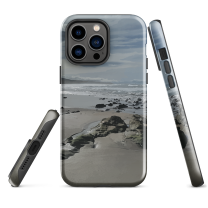 Phone case with artwork of Riversdale Beach, Masterton – rocks, waves and sky by NZ artist Ben Hart.