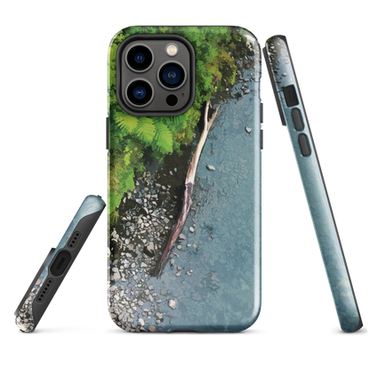 Resting Place phone case with aerial artwork of river rocks, green bush, and driftwood in a New Zealand stream.