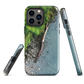 Resting Place phone case with aerial artwork of river rocks, green bush, and driftwood in a New Zealand stream.