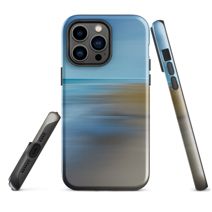 Ocean Breeze phone case with abstract blue and sandy tones inspired by sea and sky.