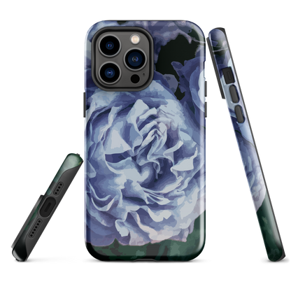 Designer phone case with a bold blue rose artwork and glossy finish.