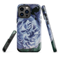 Designer phone case with a bold blue rose artwork and glossy finish.