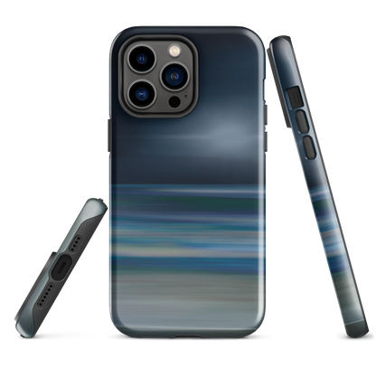 Dark abstract phone case with blue and grey streaks and glossy finish.