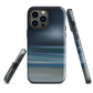 Dark abstract phone case with blue and grey streaks and glossy finish.