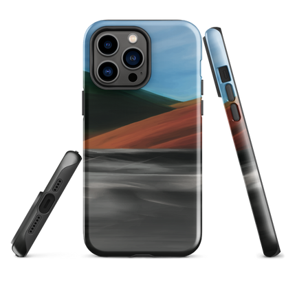 Phone case with abstract red, green, and blue heat wave landscape design.