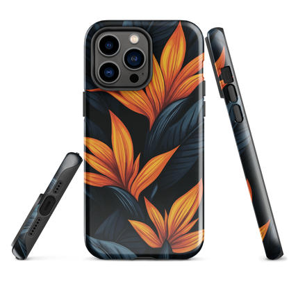 Phone case with bold orange bird of paradise flowers on dark background.