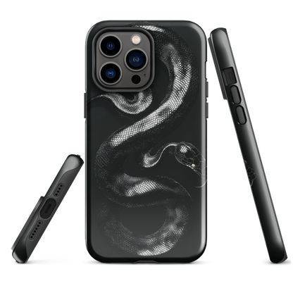 Phone case with detailed black python design on dark background.