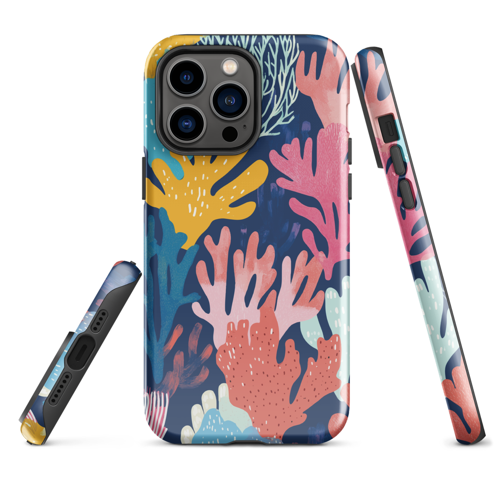 Colourful coral reef phone case design in pink, blue and yellow by NZ artist Ben Hart