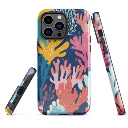Colourful coral reef phone case design in pink, blue and yellow by NZ artist Ben Hart