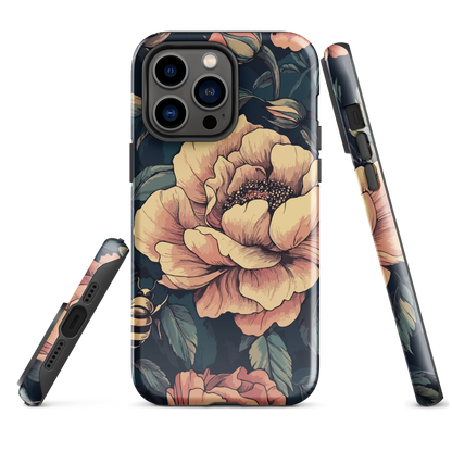 Phone case with vintage-style pink roses and bees on dark background, floral New Zealand artwork.